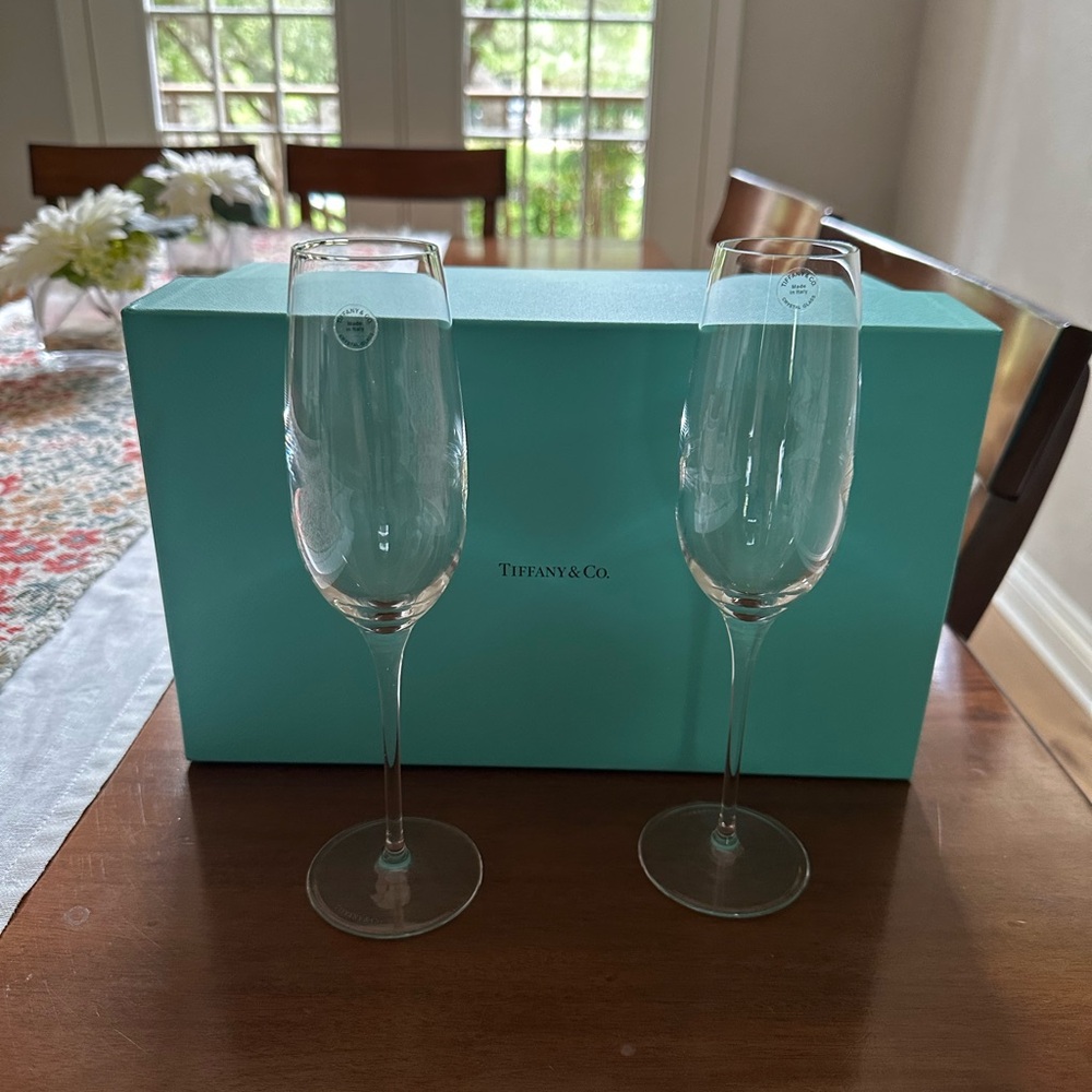 Tiffany & Co. Crystal Champagne Flutes with Signature Tiffany Blue Box